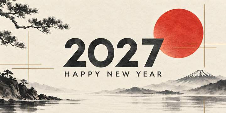 Japanese style 2027 new year greeting with red sun, pine branches and ink mountain landscape