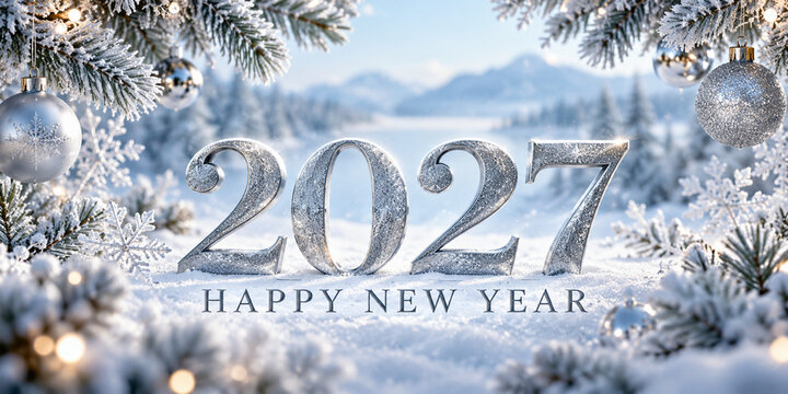 Silver 2027 new year greeting with frosted evergreen branches, snowflakes and winter ornaments