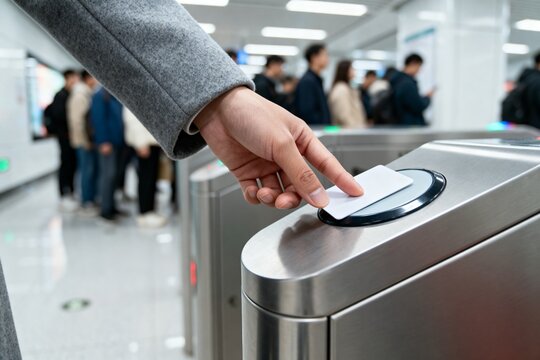 Traveler taps a contactless card on a subway turnstile during an urban commute. The close-up shows electronic fare payment, transit access