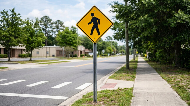 Yellow diamond pedestrian crossing sign on a sidewalk next to a road with crosswalk markings suburban street scene