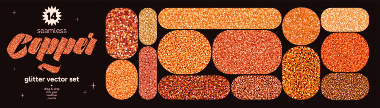 Copper glitter swatch set with seamless shimmer texture in orange, peach and brown. Sparkle sequin shapes on black background. Metallic glitter for cards and prints. Drag to swatches panel to use