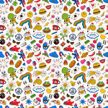 Sticker cartoon comic with comic food and pop art doodles