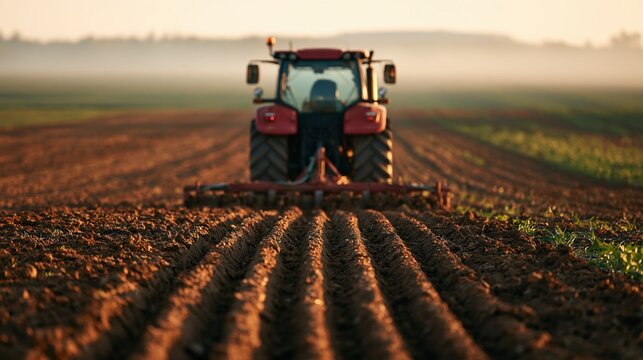Tractor cultivating soil with parallel ridges at sunrise