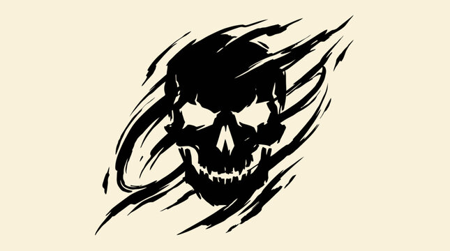 Stylized Black Skull Silhouette with Grunge Dynamic Brush Strokes, Abstract Gothic Horror Head Vector Art for T-shirt Design and Tattoo