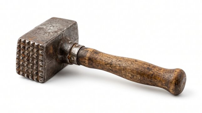 Vintage Manual Meat Tenderizer with Textured Metal Head and Hardwood Handle