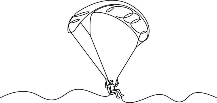 Minimalist continuous line art paraglider floating in air, single line drawing paragliding vector illustration, extreme sports concept clip art