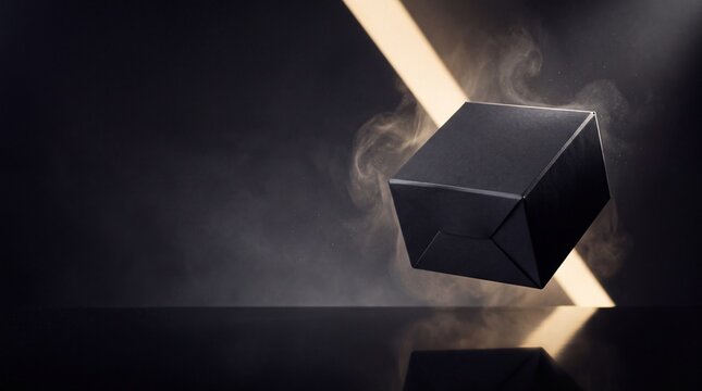 Floating black cardboard box mockup with dramatic smoke and warm diagonal neon light beam against a dark reflective background with copy space