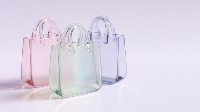 Three translucent glass shopping bags in pastel pink, green, and blue colors arranged on a clean light background with copy space for retail concepts
