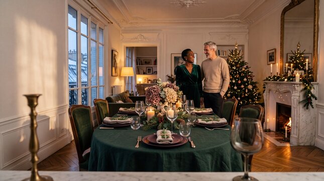 Happy diverse mature couple smiling at each other in an elegant dining room decorated with a Christmas tree, fireplace, and a festive dinner table