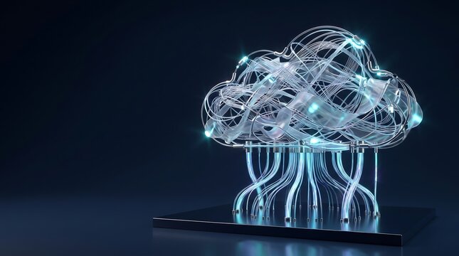 Futuristic cloud computing concept with glowing data streams and fiber optics on a dark background