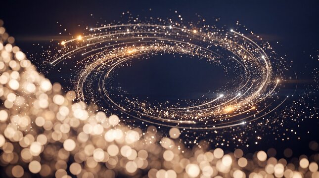 Abstract golden sparkling vortex of glowing particles and light trails swirling in dark space with warm out-of-focus bokeh circles in the foreground