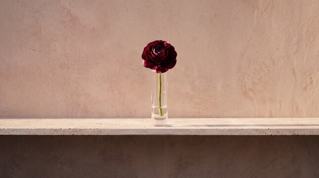 A single dark burgundy ranunculus flower in a clear cylindrical glass vase resting on a stone shelf against a warm textured plaster wall