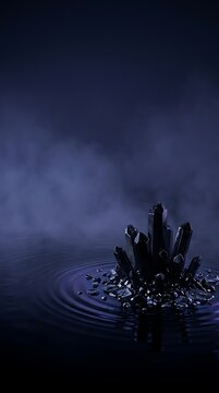 Dark crystals emerging from water with ripples in dark fog