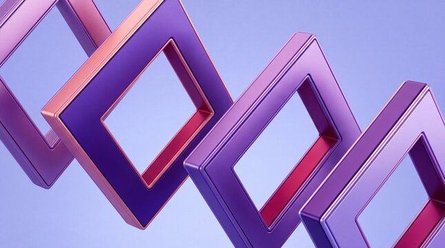 Purple metallic square frames floating diagonally in row against light blue backdrop render element.