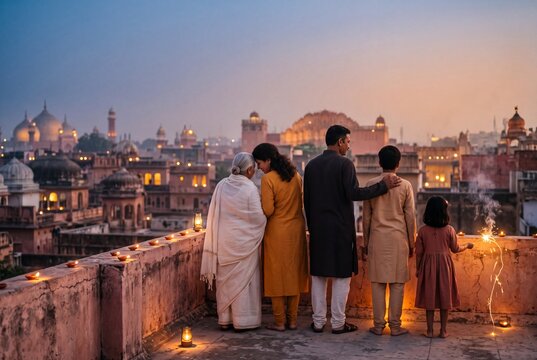 Multi generation Indian family standing on a rooftop terrace decorated with diya oil lamps at dusk, celebrating Diwali festival and overlooking historic city skyline