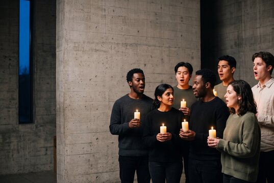 Diverse group of young adults singing together in a choir while holding lit candles in a modern concrete church interior, representing unity, faith, harmony, and peaceful spiritual gathering