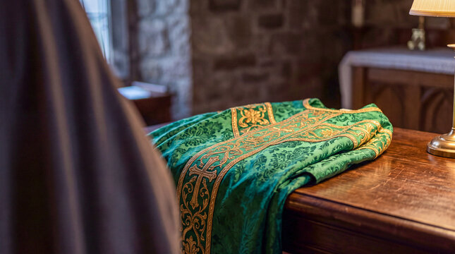 Ornate green and gold Catholic chasuble vestment laid out on a wooden table in a dimly lit church sacristy before religious mass ceremony
