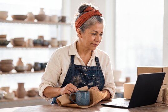 Senior female potter in a denim apron wrapping a handmade ceramic mug in brown paper while checking online orders on a laptop in her bright workshop