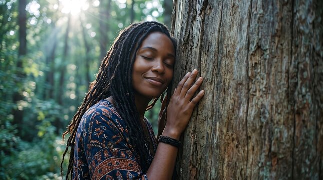 Peaceful Black woman with dreadlocks leaning against a large tree trunk in a sunlit forest with eyes closed