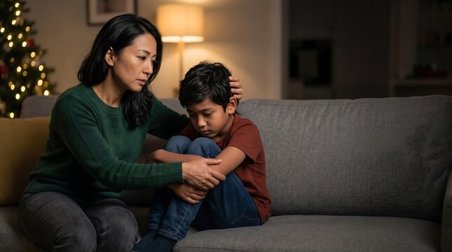 Caring mother comforting her sad and withdrawn young son on a living room sofa during the holiday season