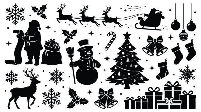 Festive christmas silhouettes collection featuring santa claus reindeer snowman tree and winter holidays elements