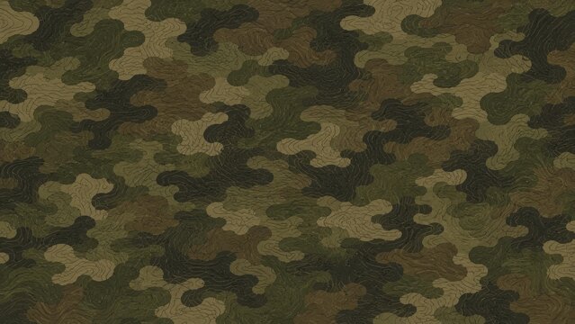 Olive green and brown military camouflage pattern with organic wavy shapes and fine contour line texture for a topographic look