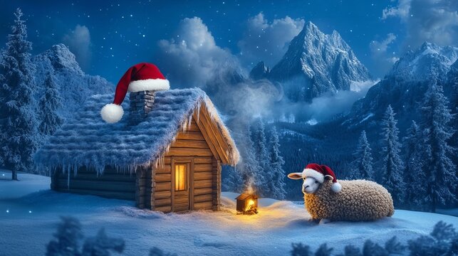 A Cozy Wooden Winter Mountain Cabin With Christmas Snow Covering and a Cute Sheep in Santa Claus Hat