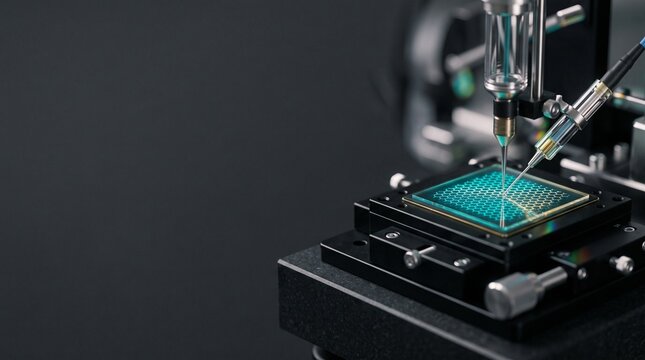 Nanotechnology probing station with precision needles testing advanced hexagonal nanostructure chip with copy space