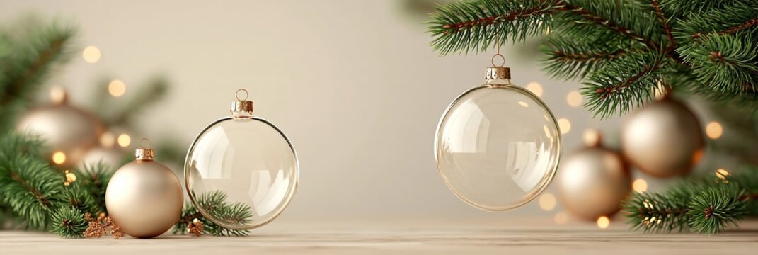 Minimalist Christmas Background With Luxurious Glass Ornaments And Golden Metallic Bauble Spheres