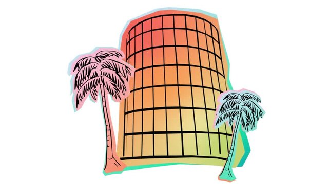 Tropical hotel building with palm trees isolated on transparent background retro pastel gradient skyscraper graphic illustration motion design element