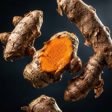 Raw Turmeric Roots Spice Ingredient Vibrant Orange Inside Isolated on Dark Background Natural Health Food Photography