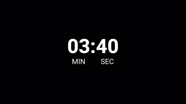 4 minute Countdown Digital Timer Animation, four minute Countdown Timer Animation from 4 minute to 0 second on black background.