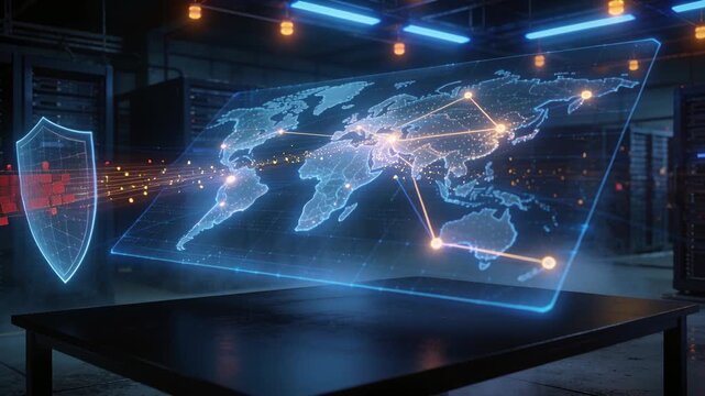 Projecting hologram map above table in server room, incoming stream forming shield protecting nodes