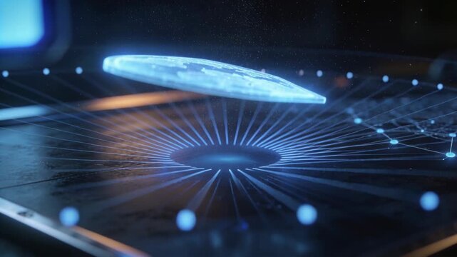 Illuminating ring causing hologram shield with globe rotating into disk above tablet, network nodes