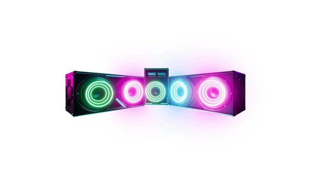 Glowing neon audio speakers isolated on transparent background futuristic dj sound system music equipment boombox 3d render motion graphic design element