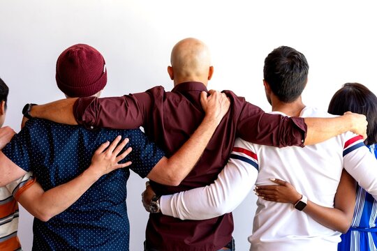 Group of diverse people standing with arms around each other.