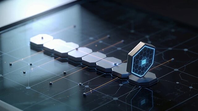 Projecting vertical module with honeycomb face emitting blue beam along tiles, activating nodes