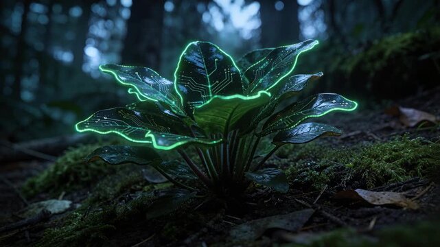 Glowing plant revealing circuit traces on moss responding to low light with neon pulsing nodes