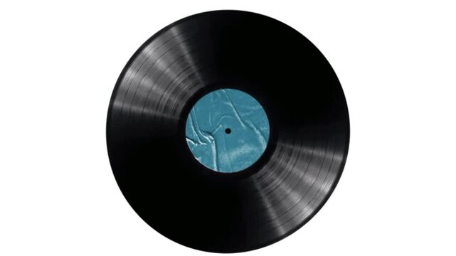 Vinyl record disk with blue label chroma key transparent background isolated retro lp audio music record disc realistic illustration motion design element overlay