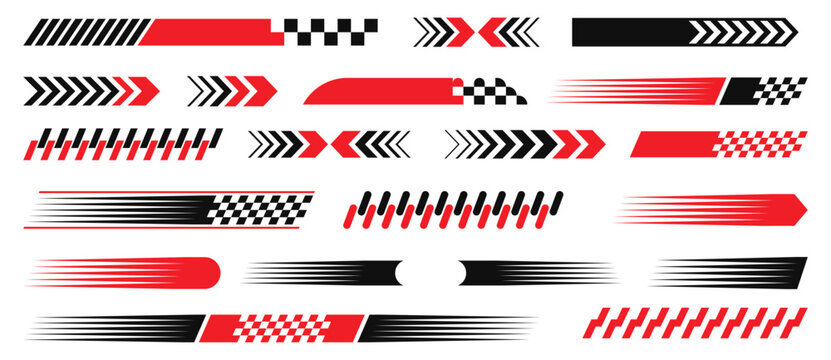 Red and black racing speed lines and checkered flag for car decals and sport vehicles