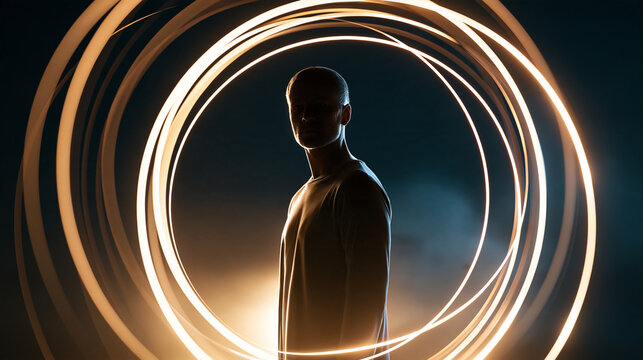 Abstract human figure surrounded by warm glowing rings against a deep charcoal background, layered light trails and subtle atmospheric haze, courage, growth, self development,