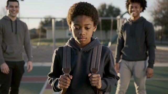 Stepping in, men adjusting boy's backpack straps at playground hopscotch, in hoodies for school