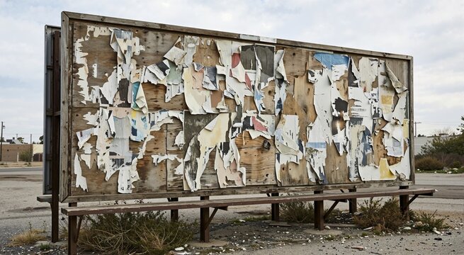 Weathered outdoor billboard covered with torn paper posters. Public information and wayfinding