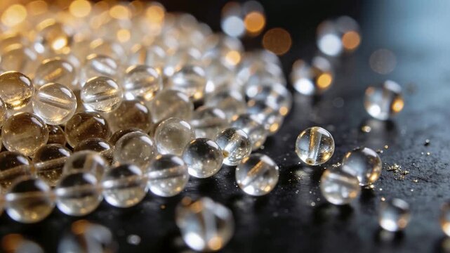 Rolling tight cluster of clear beads loosening after edge dislodging on dark rough table