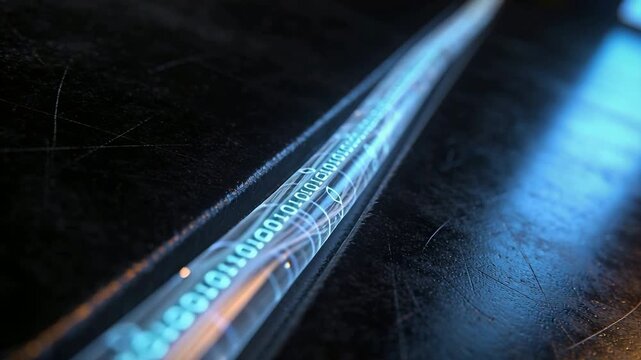 Starting camera tracking cable revealing glowing binary digits on dark metal, showing inner fibers