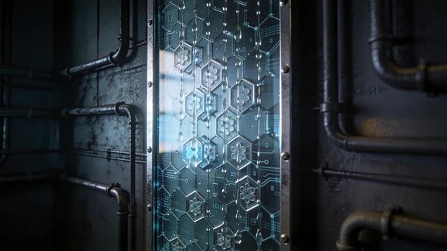 Starting central hex driving etched grid panel lighting blue cells, droplets sliding in metal frame