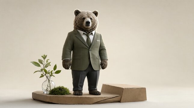 Anthropomorphic Grizzly Bear Wearing An Elegant Tailored Business Suit Standing On Cardboard Podium