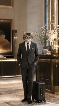 Sophisticated Professional Anthropomorphic Cat Arriving in a Luxurious Boutique Hotel Lobby Decor