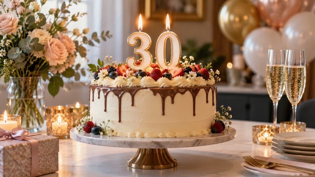 Elegant 30th birthday cake with chocolate drip, fresh berries and lit number 30 candles, surrounded by champagne, balloons, flowers, gifts and candlelight