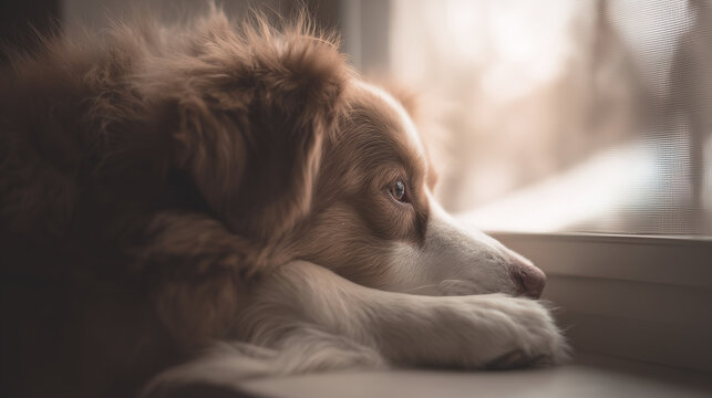 Close-up side profile of a gentle brown and white dog resting beside a window and looking outside in soft natural light. Emotional pet portrait evoking companionship, waiting.